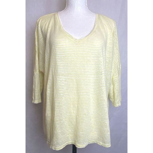 Chicos Womens Yellow Striped Linen Drop Shoulder Tunic Top Size 2 Large - Picture 3 of 10
